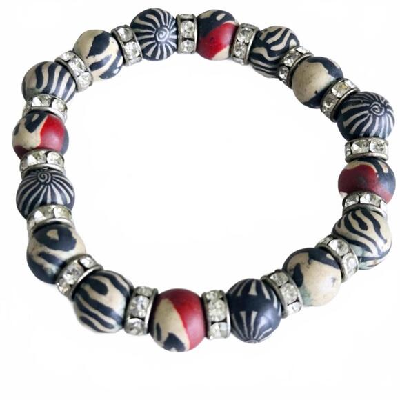 Zebra Print Ethnic Polymer Clay Beaded Stretch Bracelet - Picture 1 of 2